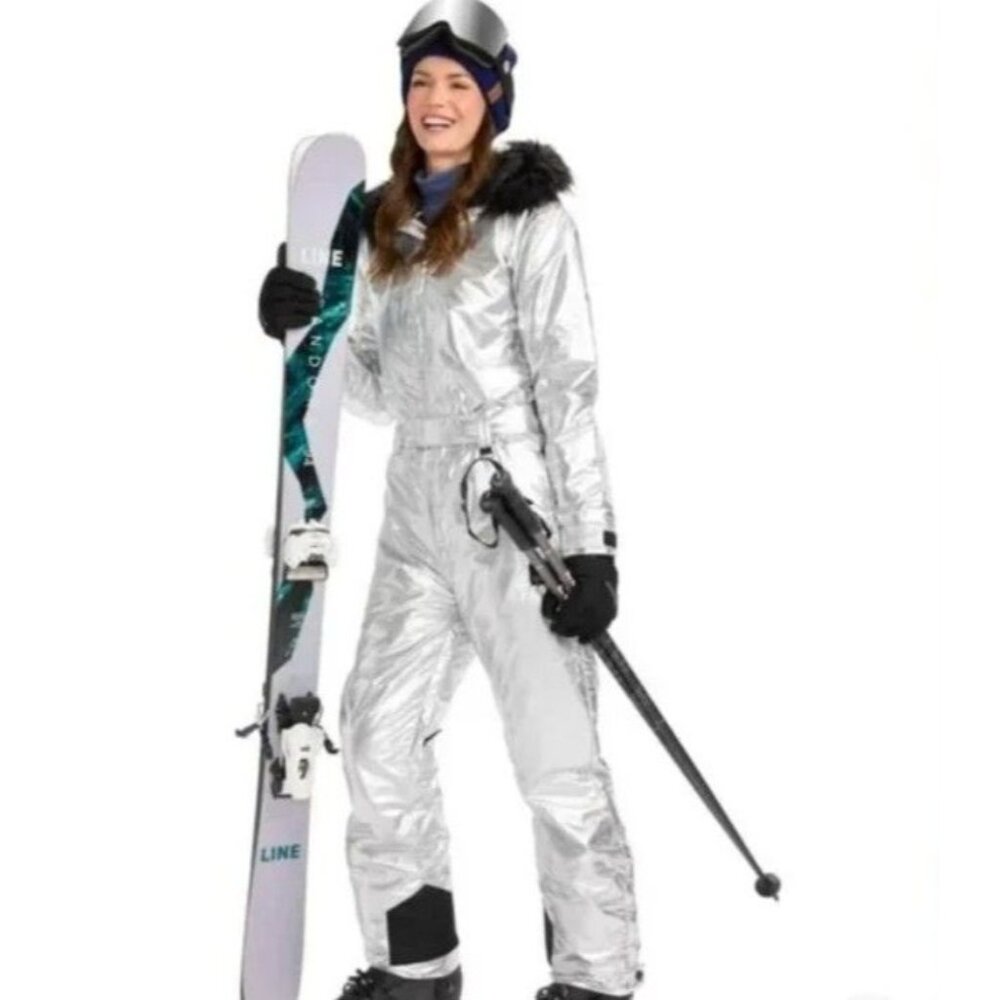 NWT Tipsy Elves Sleek Silver Bullet Ski Suit Snow Fur Trim Hood New Size XS